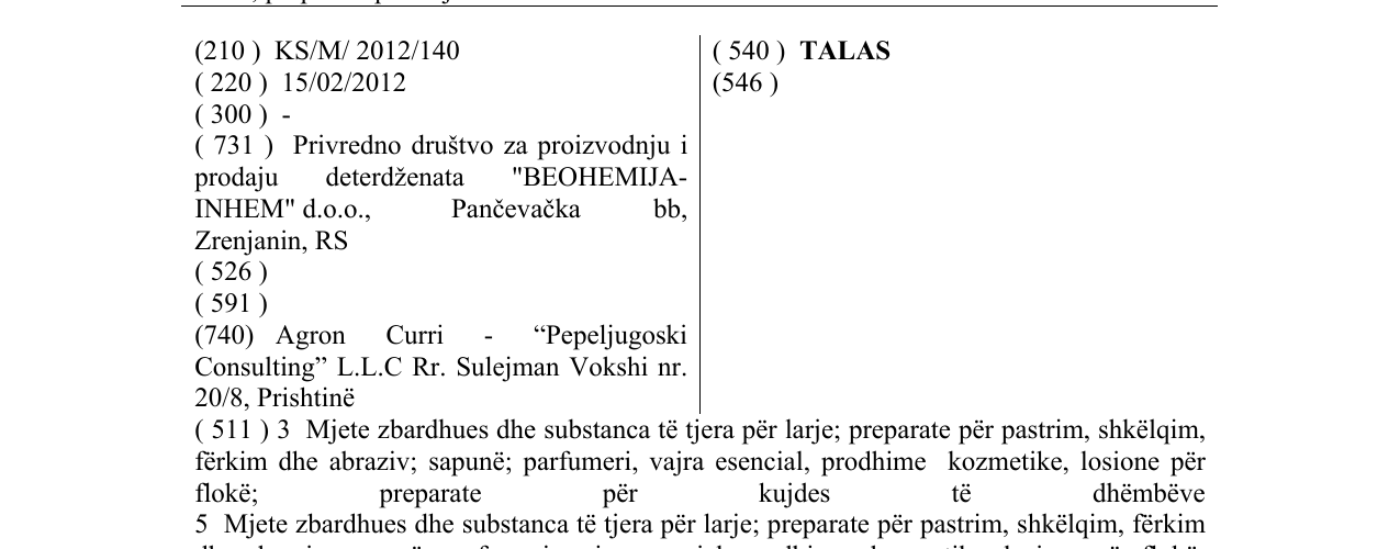 Zëri i markës TALAS në buletin