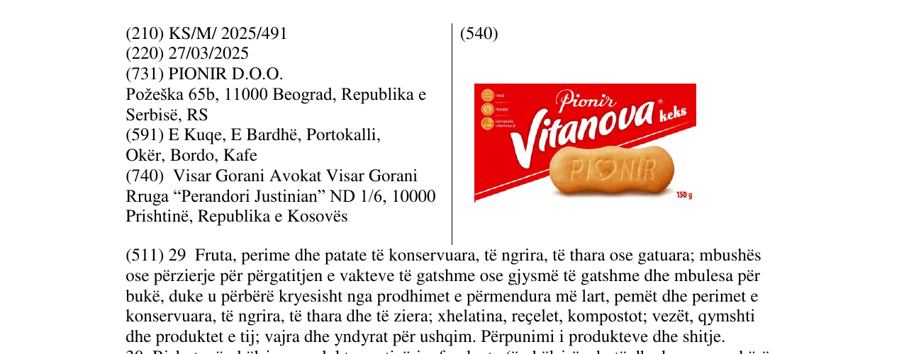 Zëri i markës Vitanova keks në buletin