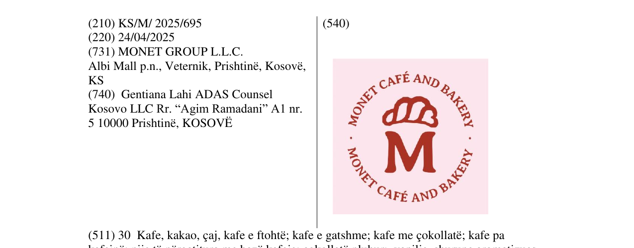 Zëri i markës MONET CAFE AND BAKERY në buletin