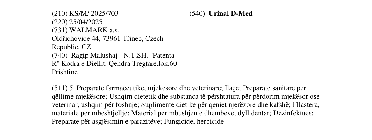 Zëri i markës Urinal D-Med në buletin