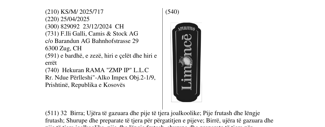 Zëri i markës APERITIVO Linonce në buletin