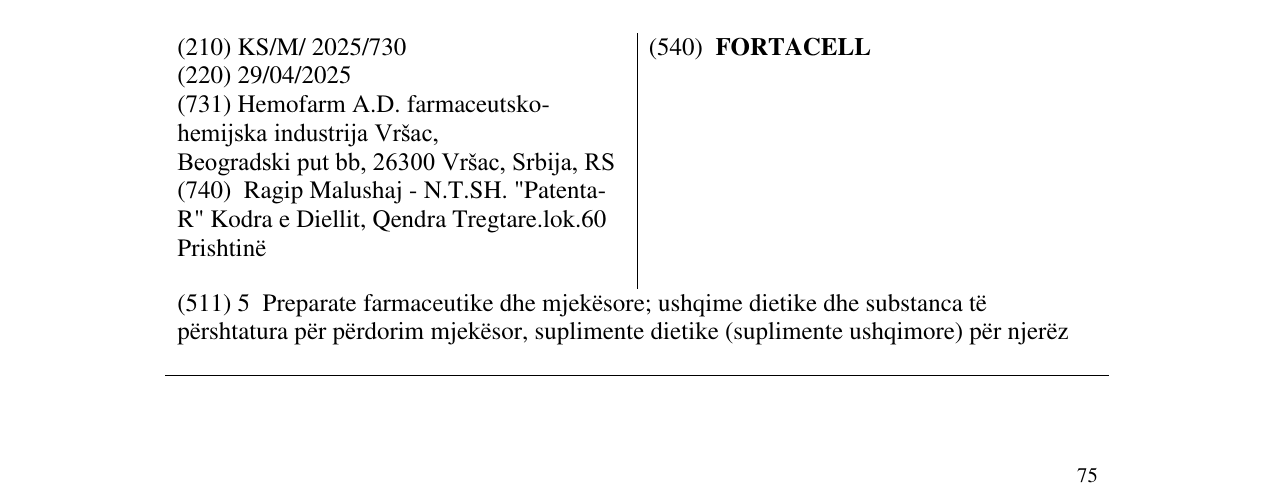 Zëri i markës FORTACELL në buletin
