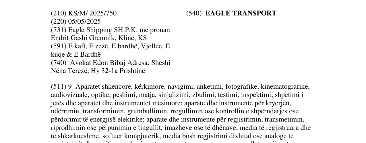 Zëri i markës EAGLE TRANSPORT në buletin