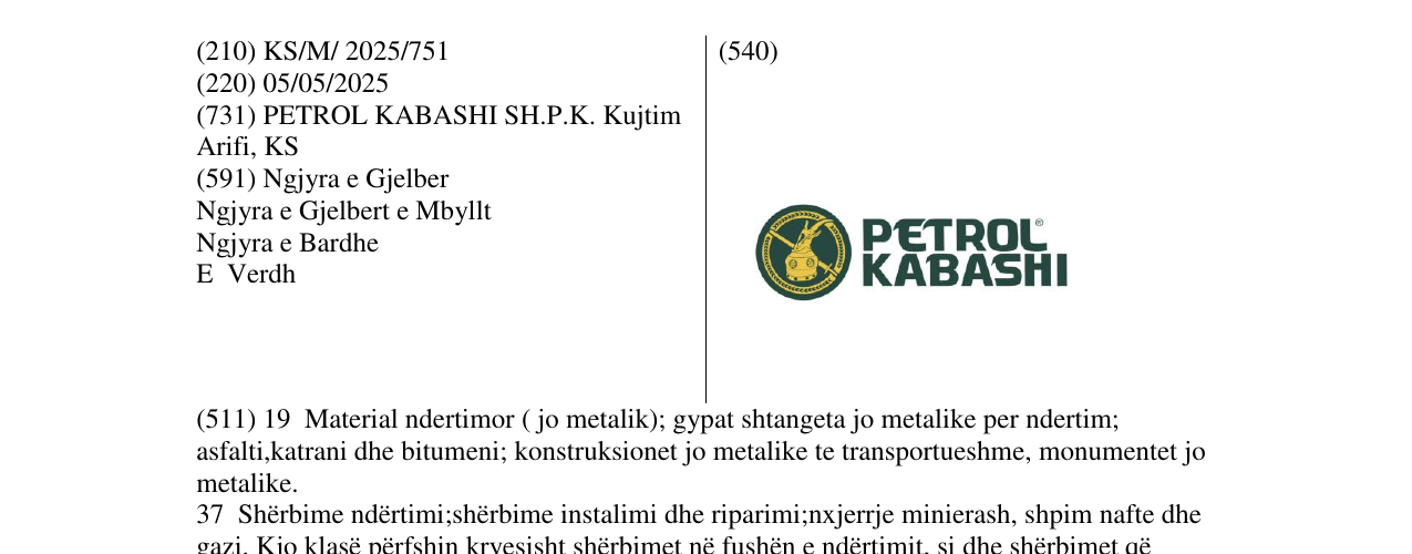 Zëri i markës PETROL KABASHI në buletin