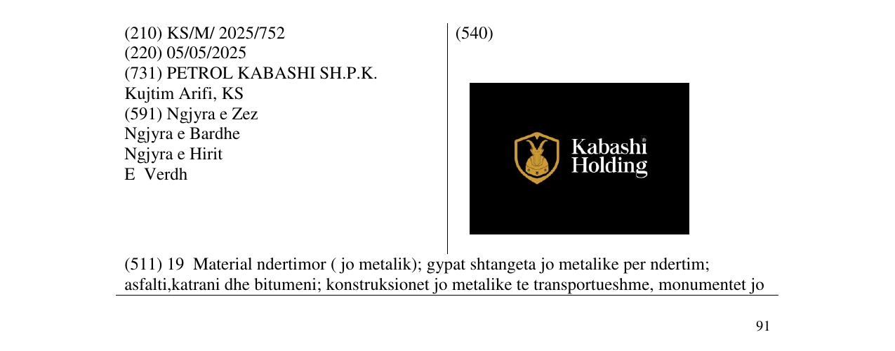 Zëri i markës Kabashi Holding në buletin