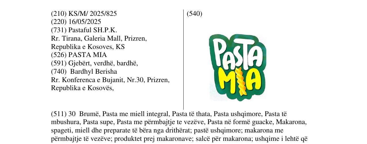 Zëri i markës PASTA MIA në buletin