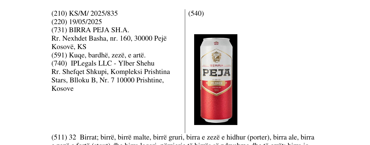 Zëri i markës BIRRA PEJA në buletin