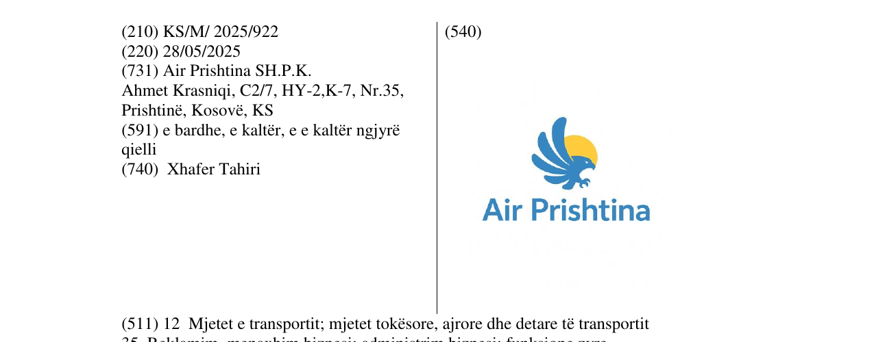 Zëri i markës Air Prishtina në buletin