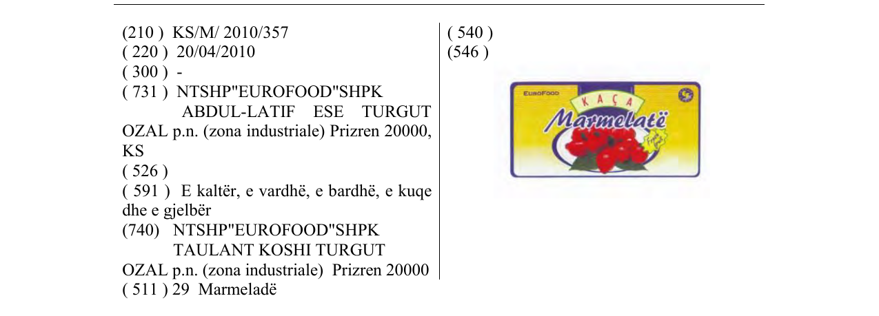 Zëri i markës KAÇA Marmelatë në buletin
