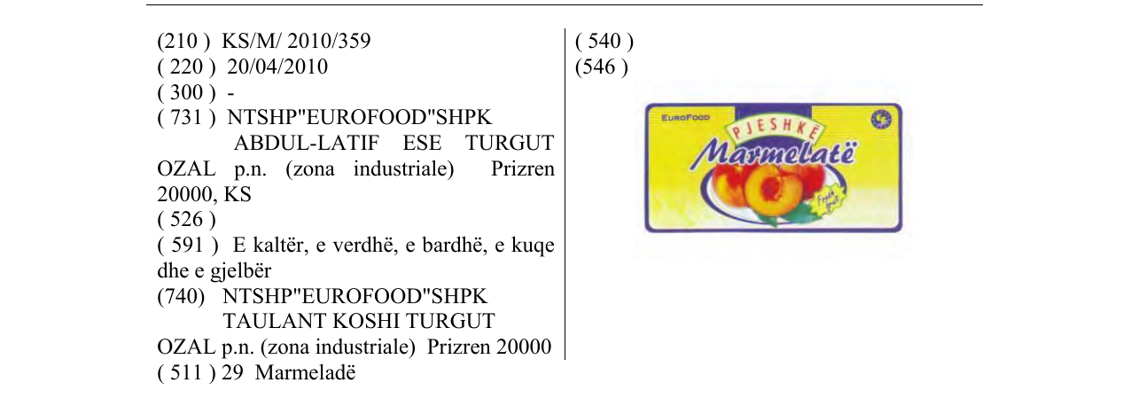 Zëri i markës PJESHKË Marmelatë në buletin