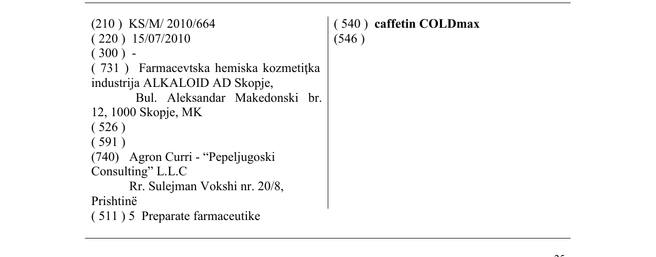 Zëri i markës caffetin COLDmax në buletin