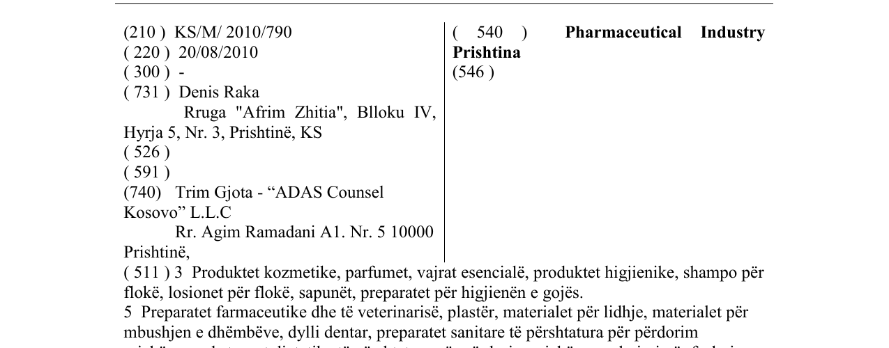 Zëri i markës Pharmaceutical Industry Prishtina në buletin