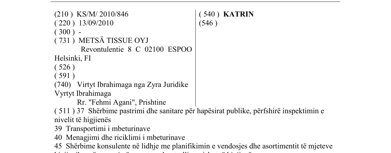 KATRIN markasının bültendeki kaydı