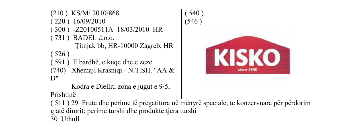 Zëri i markës KISKO since 1930 në buletin
