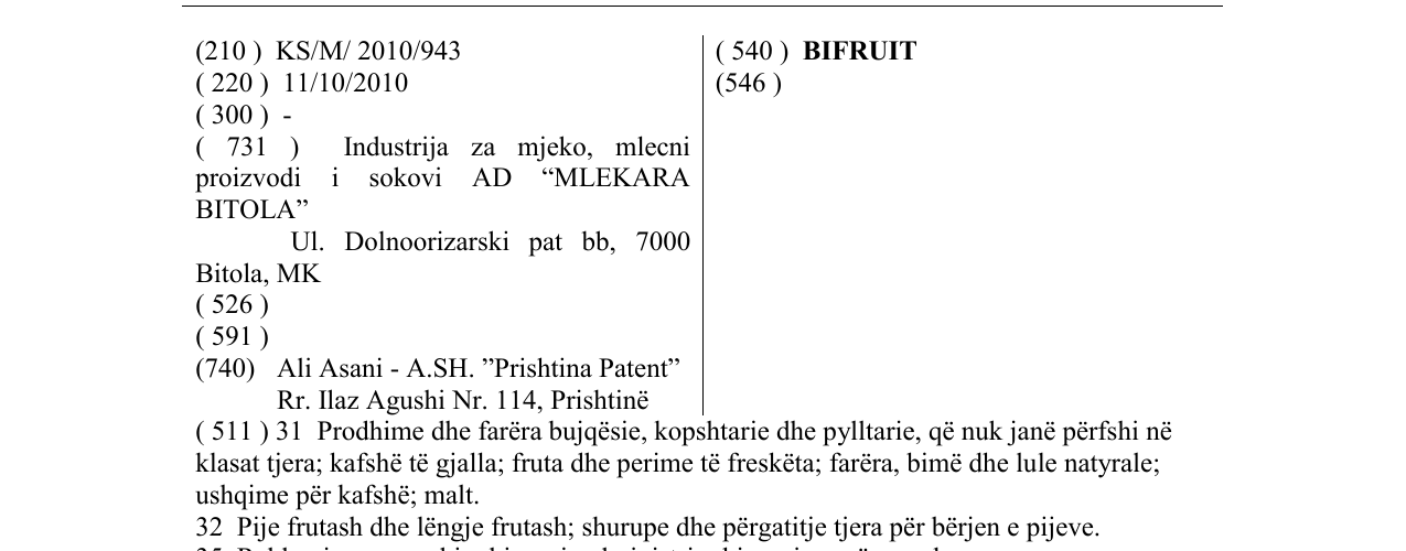 Zëri i markës BIFRUIT në buletin