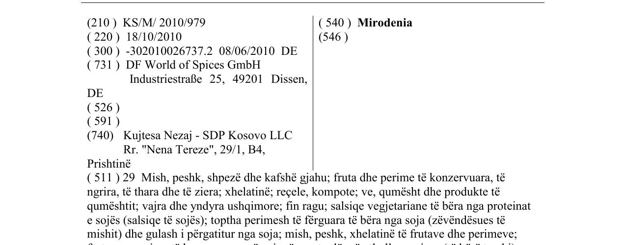 Zëri i markës Mirodenia në buletin