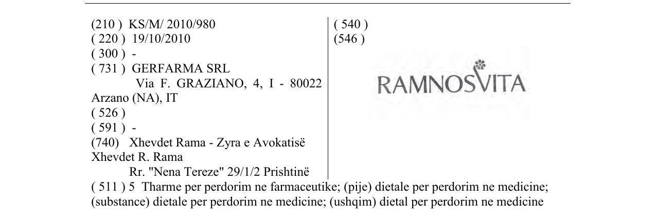 Zëri i markës RAMNOSVITA në buletin
