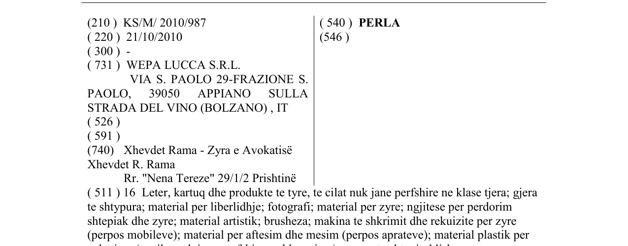 Zëri i markës PERLA në buletin