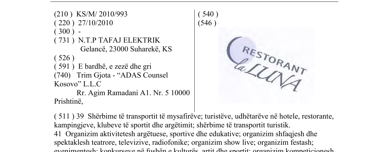 Zëri i markës RESTORANT la LUNA në buletin