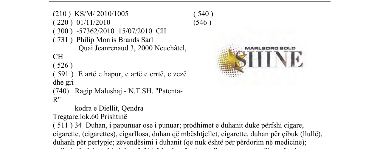 Zëri i markës SHINE MARLBORO GOLD në buletin