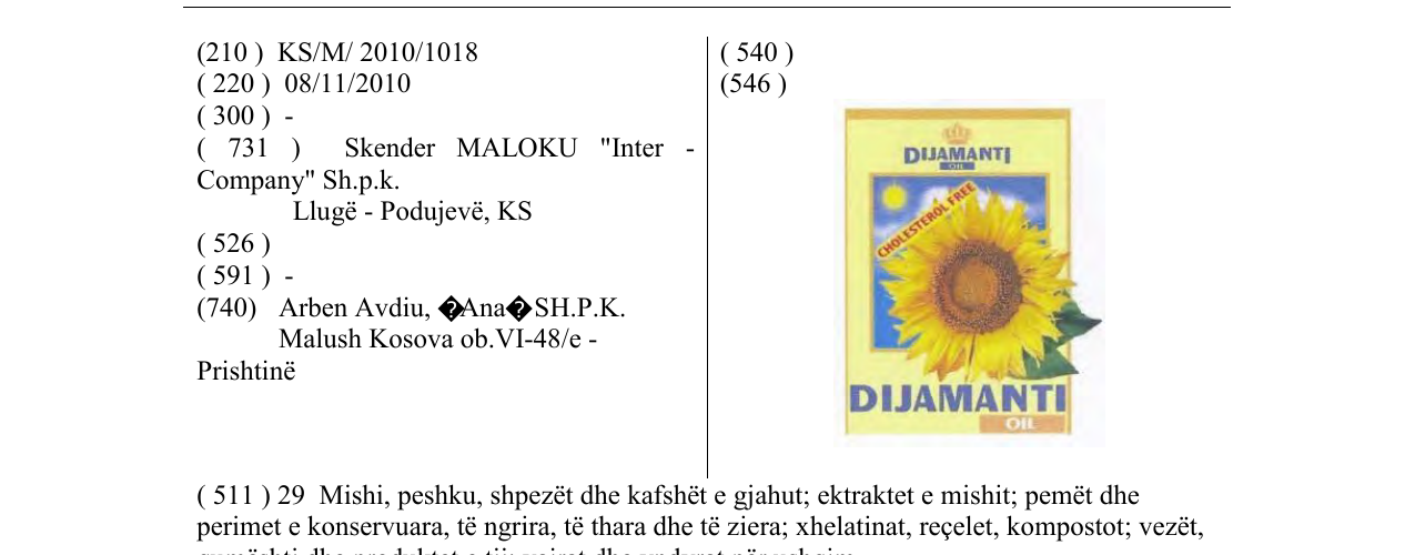 Zëri i markës DIJAMANTl OIL në buletin