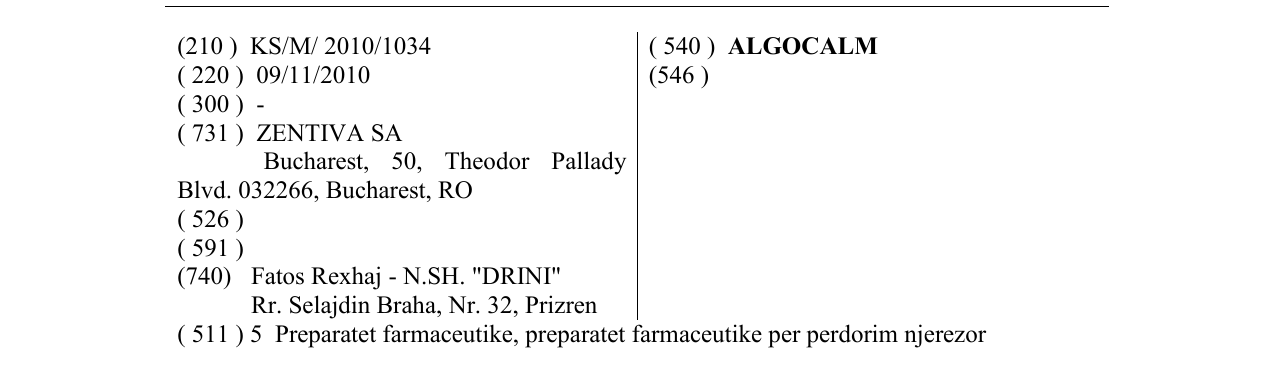 ALGOCALM markasının bültendeki kaydı