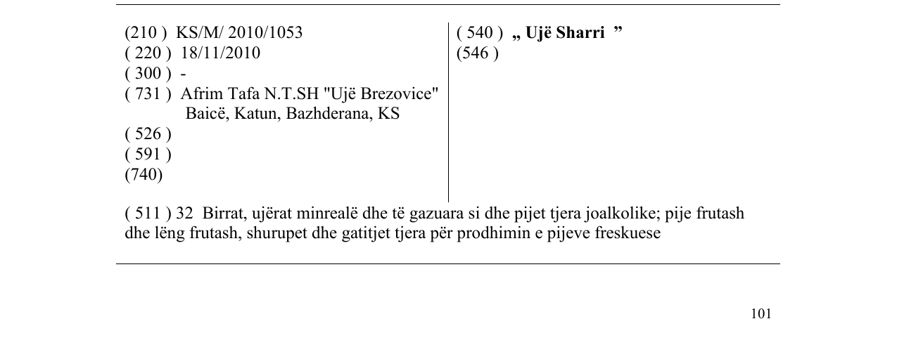 Zëri i markës „ Ujë Sharri ” në buletin
