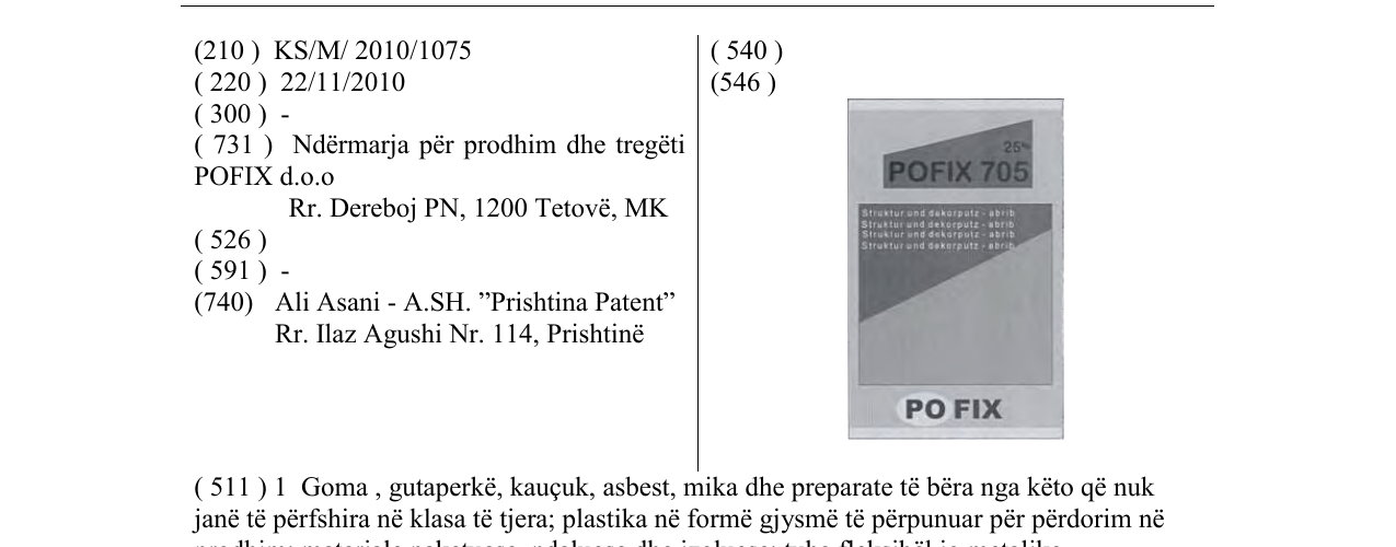 Zëri i markës POFIX 705 në buletin