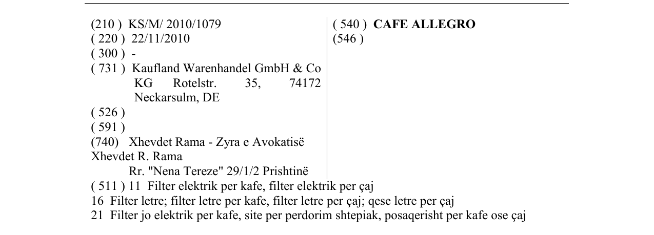 Zëri i markës CAFE ALLEGRO në buletin