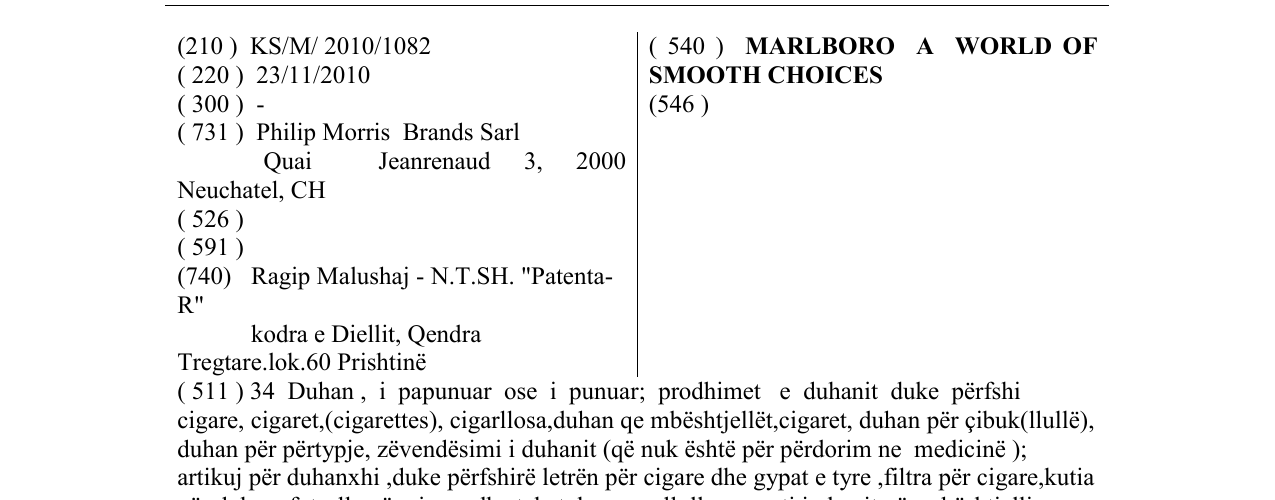 Zëri i markës MARLBORO A WORLD OF SMOOTH CHOICES në buletin