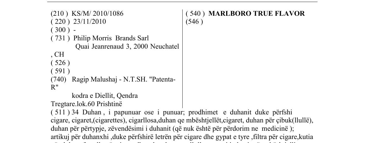 Zëri i markës MARLBORO TRUE FLAVOR në buletin