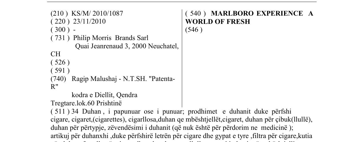 Zëri i markës MARLBORO EXPERIENCE A WORLD OF FRESH në buletin