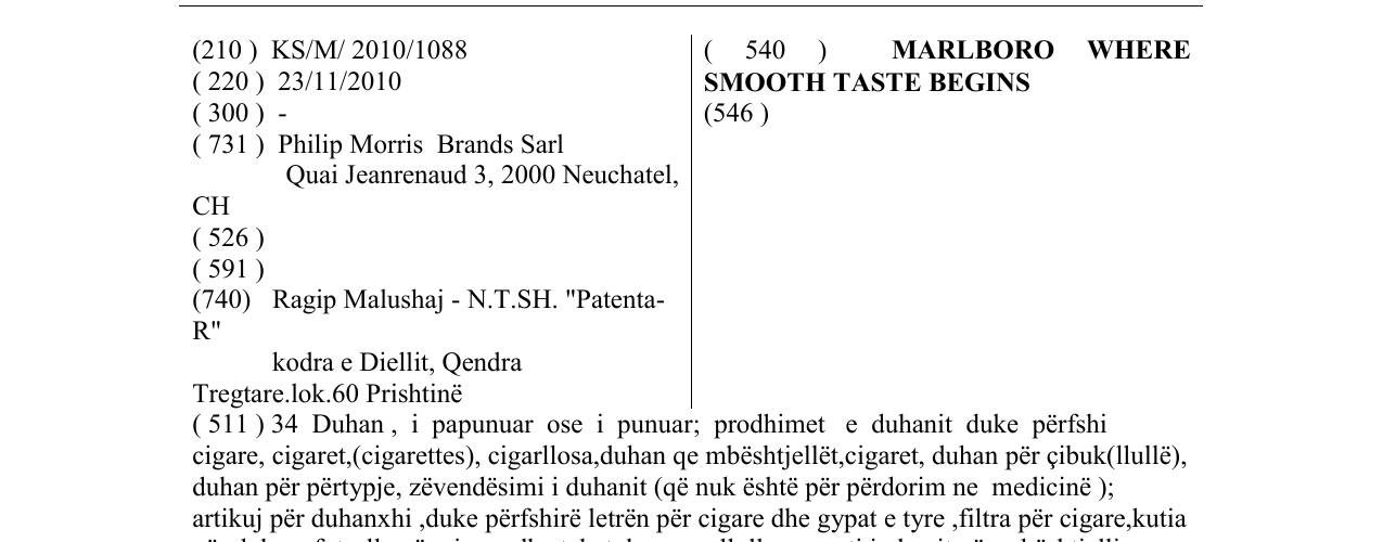 Zëri i markës MARLBORO WHERE SMOOTH TASTE BEGINS në buletin