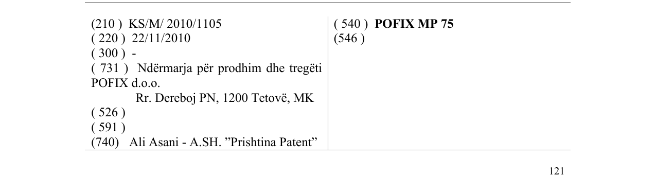 Zëri i markës POFIX MP 75 në buletin