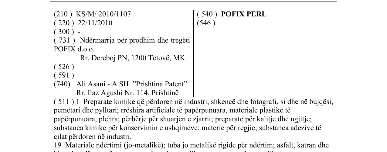 Zëri i markës POFIX PERL në buletin