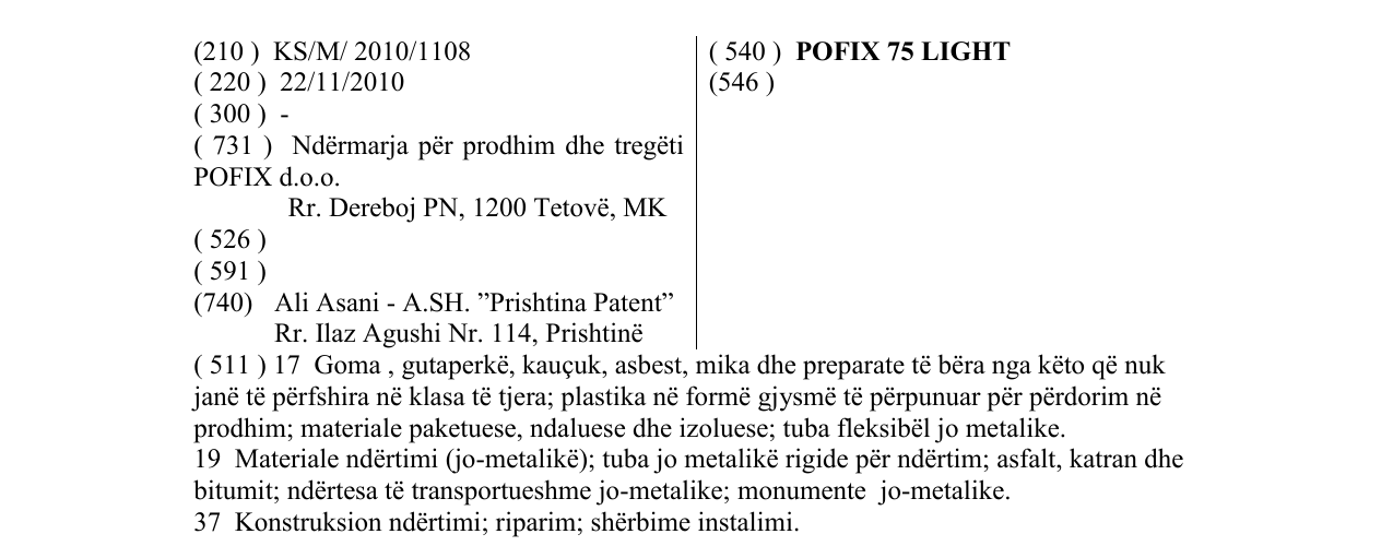 Zëri i markës POFIX 75 LIGHT në buletin