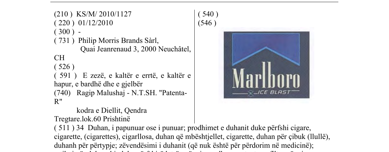 The entry of the trademark Marlboro ICE BLAST in the bulletin