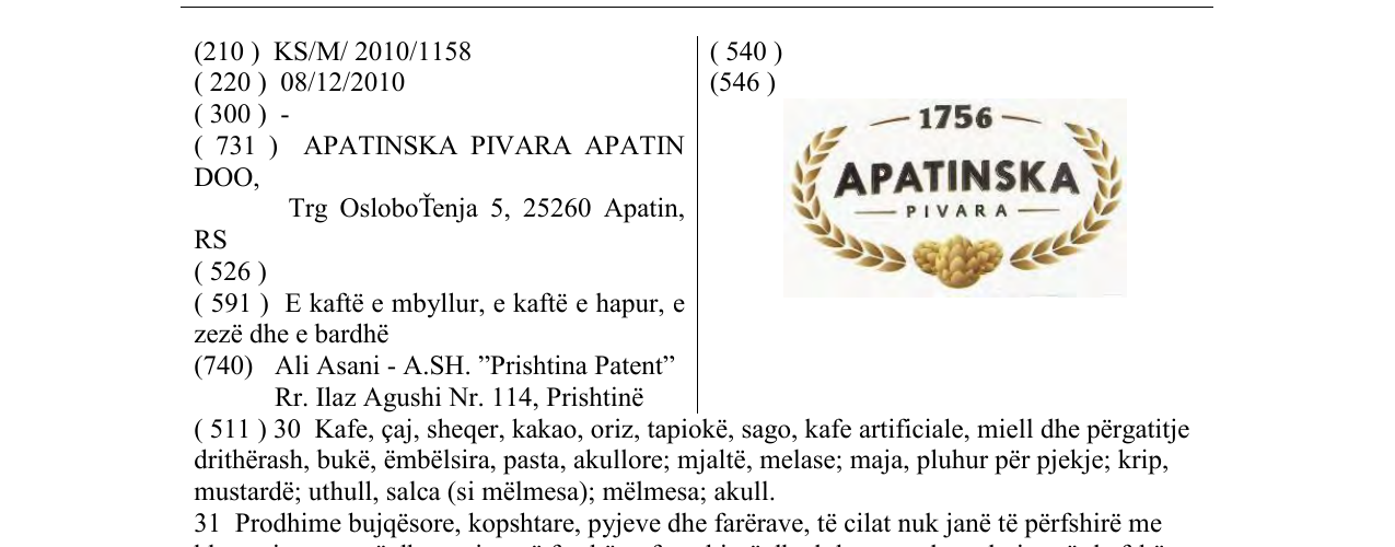 Zëri i markës 1756 APATINSKA në buletin