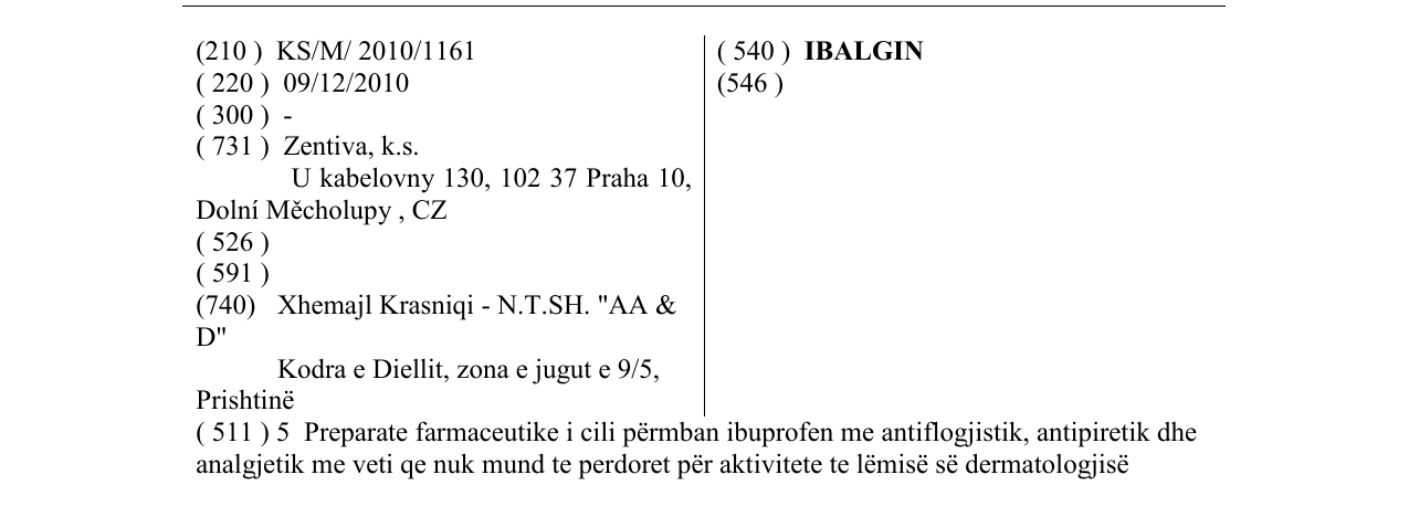 Zëri i markës IBALGIN në buletin