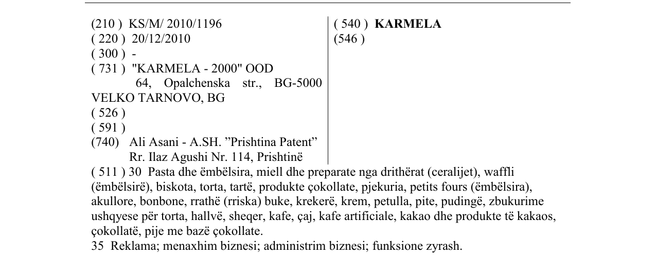 Zëri i markës KARMELA në buletin