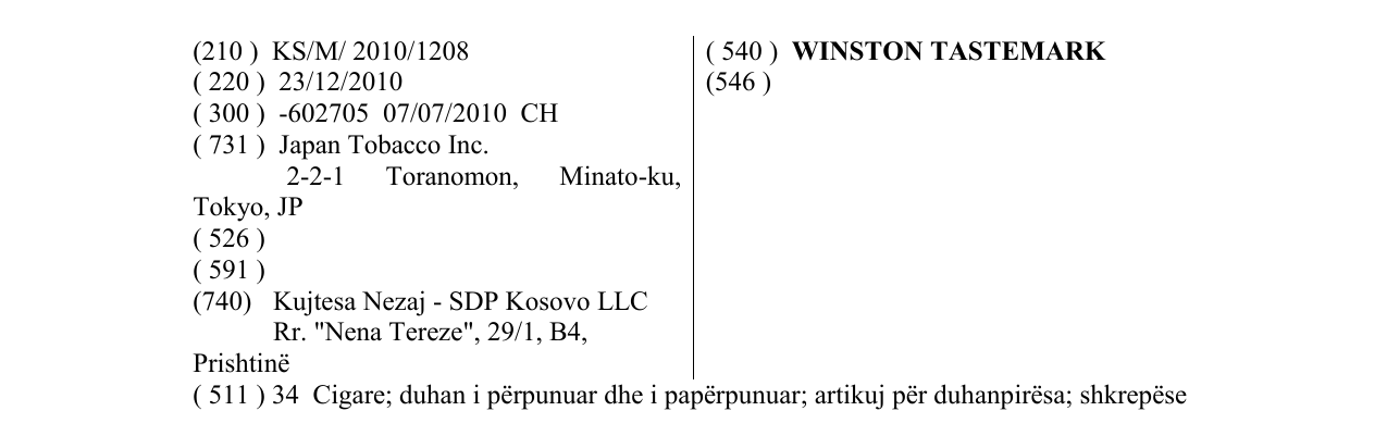 Zëri i markës WINSTON TASTEMARK në buletin