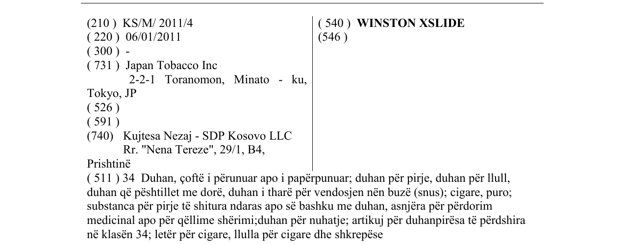 Zëri i markës WINSTON XSLIDE në buletin