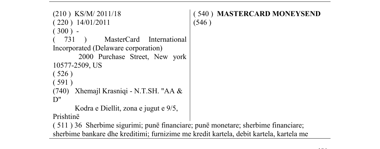 Zëri i markës MASTERCARD MONEYSEND në buletin