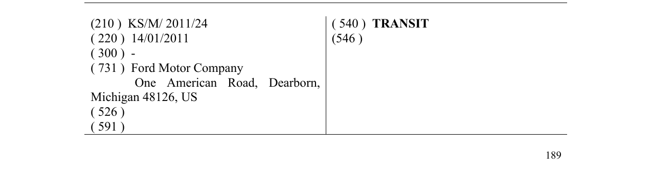 The entry of the trademark TRANSIT in the bulletin