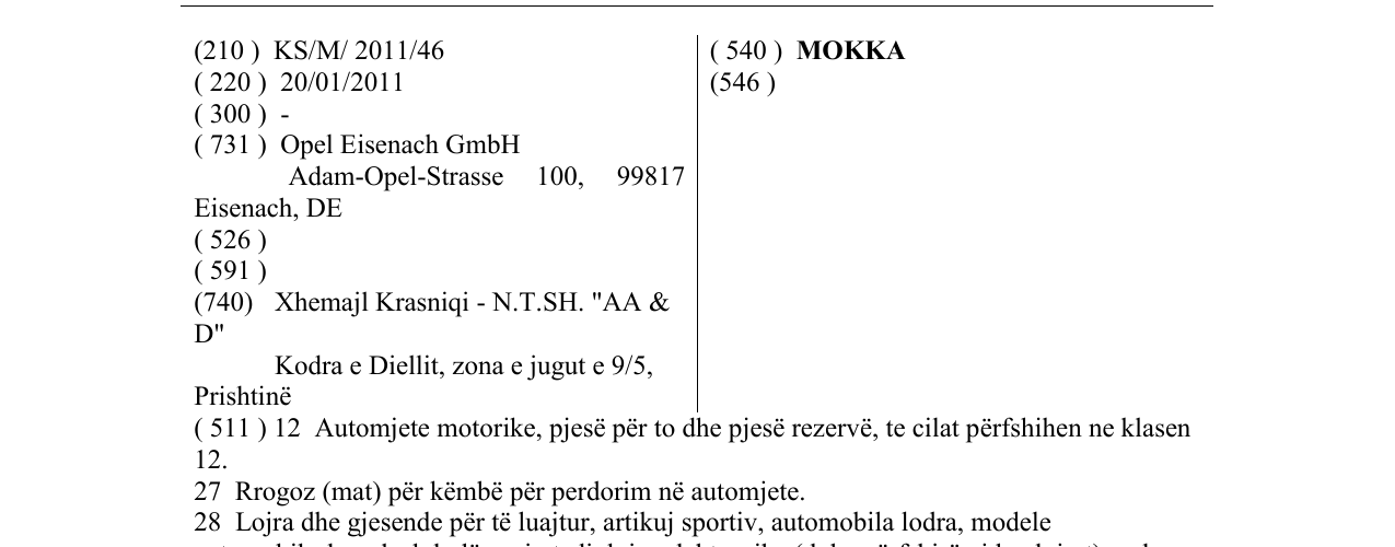 Zëri i markës MOKKA në buletin