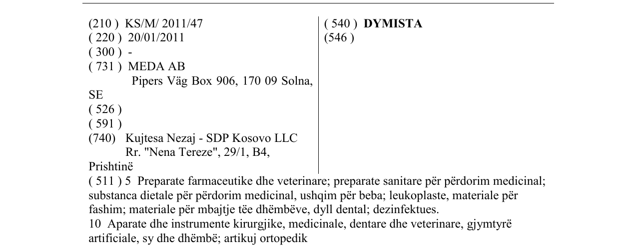 Zëri i markës DYMISTA në buletin