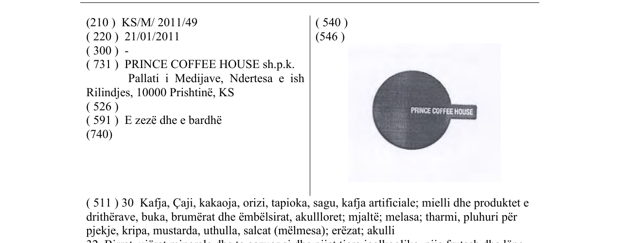 Zëri i markës PRINCE COFFEE HOUSE në buletin