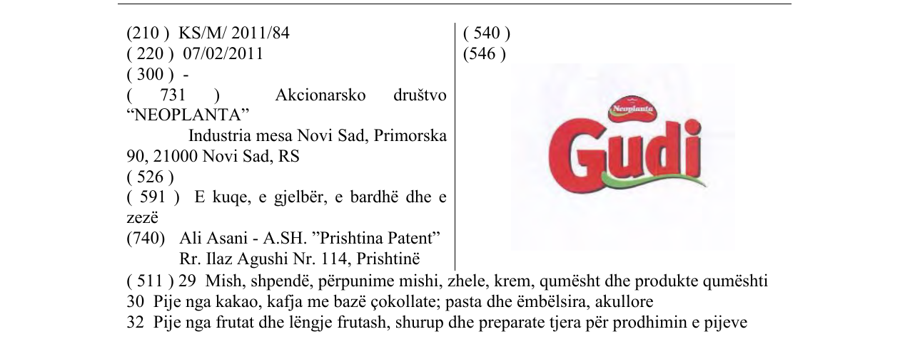Zëri i markës Neopanta Gudi në buletin