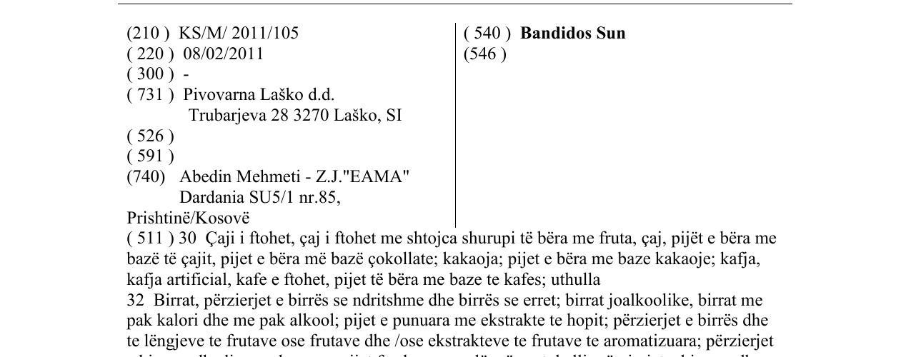 Zëri i markës Bandidos Sun në buletin