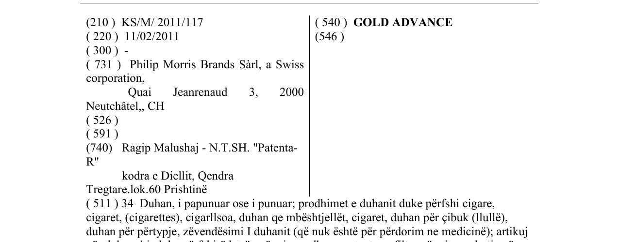 Zëri i markës GOLD ADVANCE në buletin